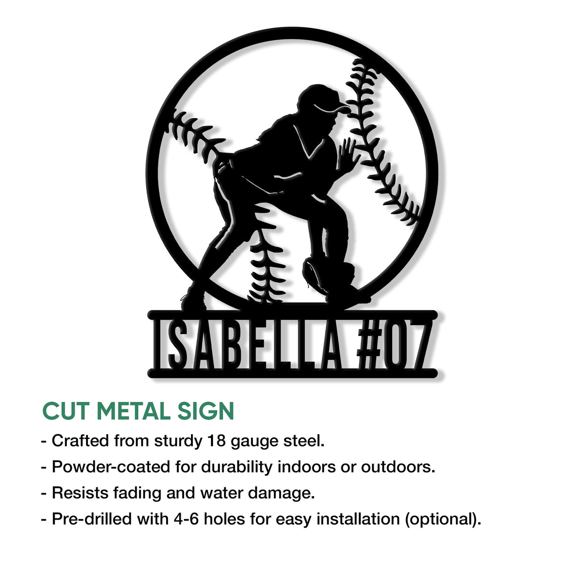 Softball player silhouette metal sign shown with cut metal sign features and installation details