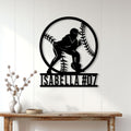 Softball metal wall sign displayed on a white paneled wall above a wooden console table