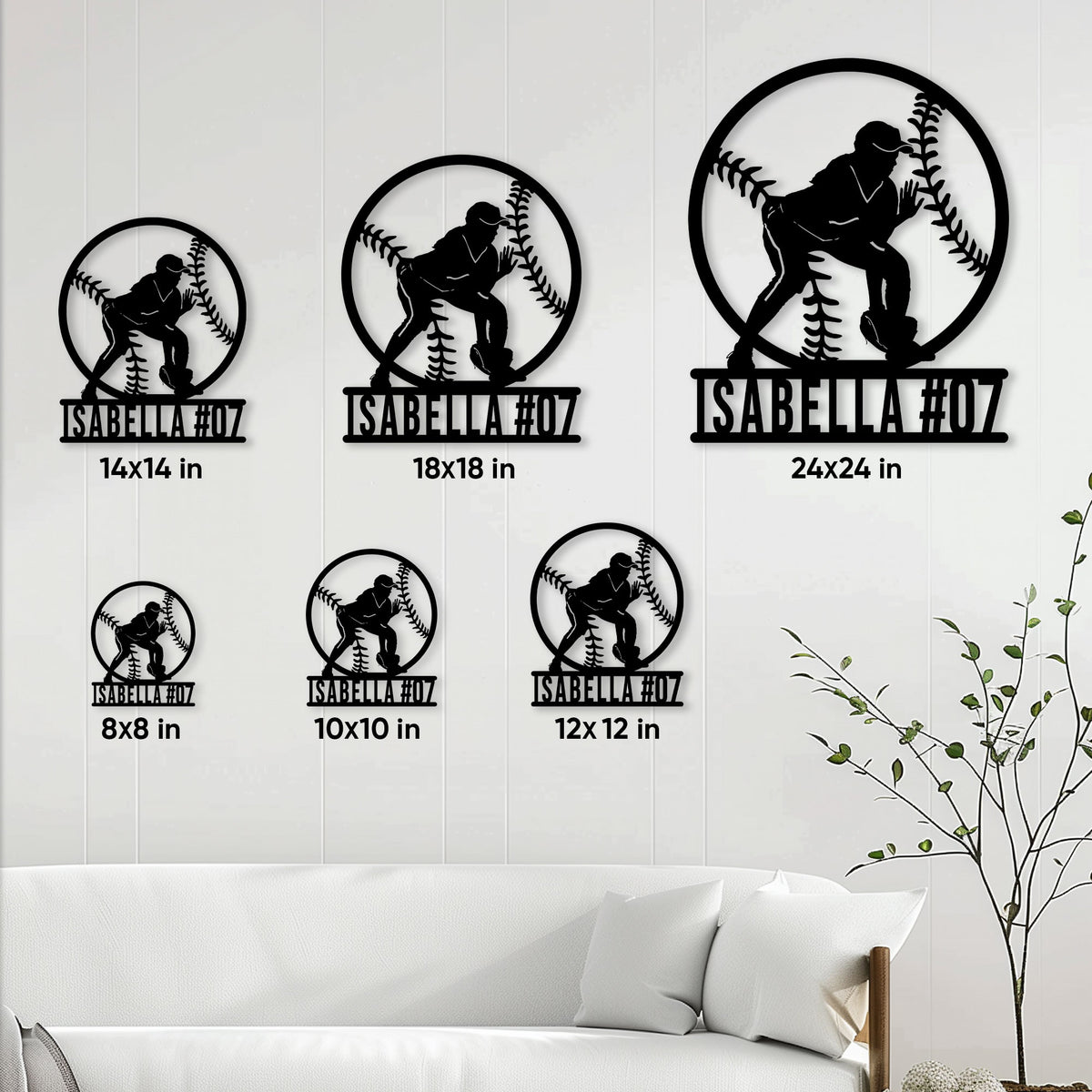 Softball player metal sign size guide showing six square size options from 8 by 8 to 24 by 24 inches