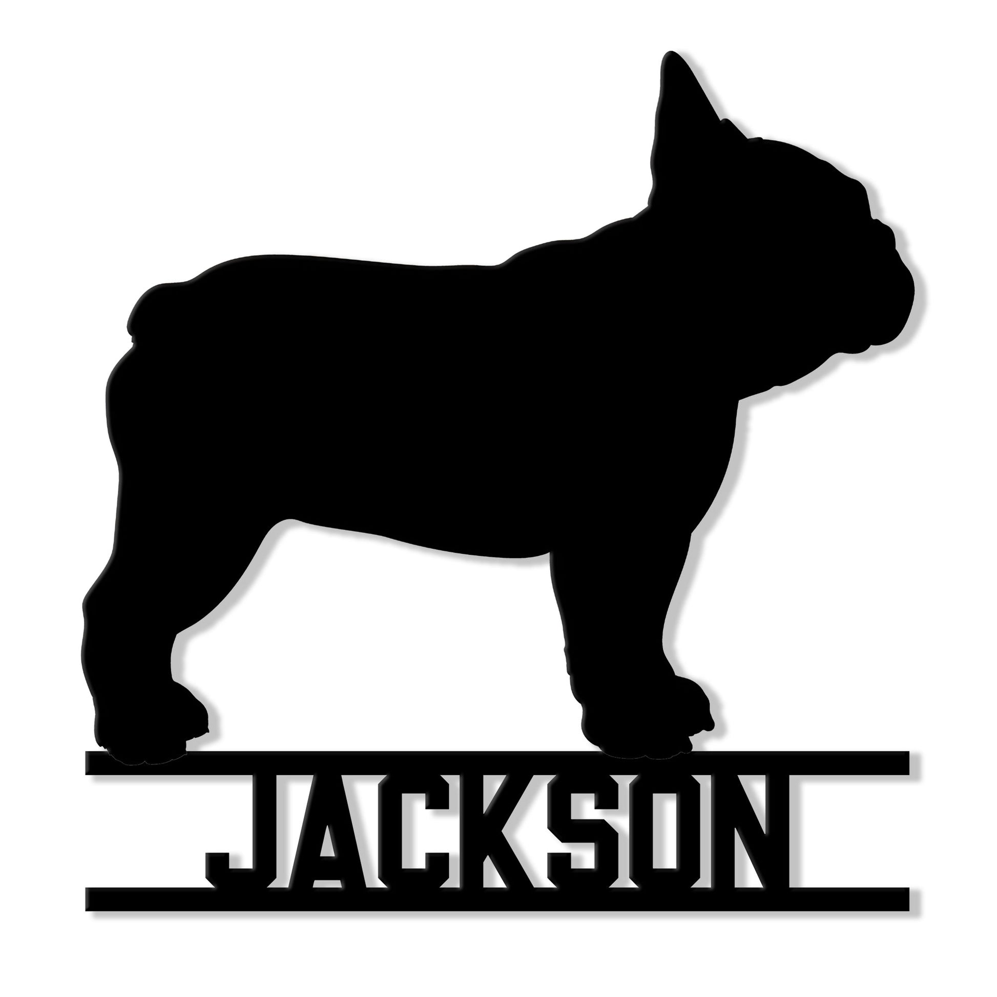 Custom French Bulldog silhouette metal sign with bold geometric lettering and a clean black finish