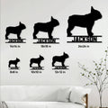 French Bulldog metal sign size guide showing multiple available size options on a wall