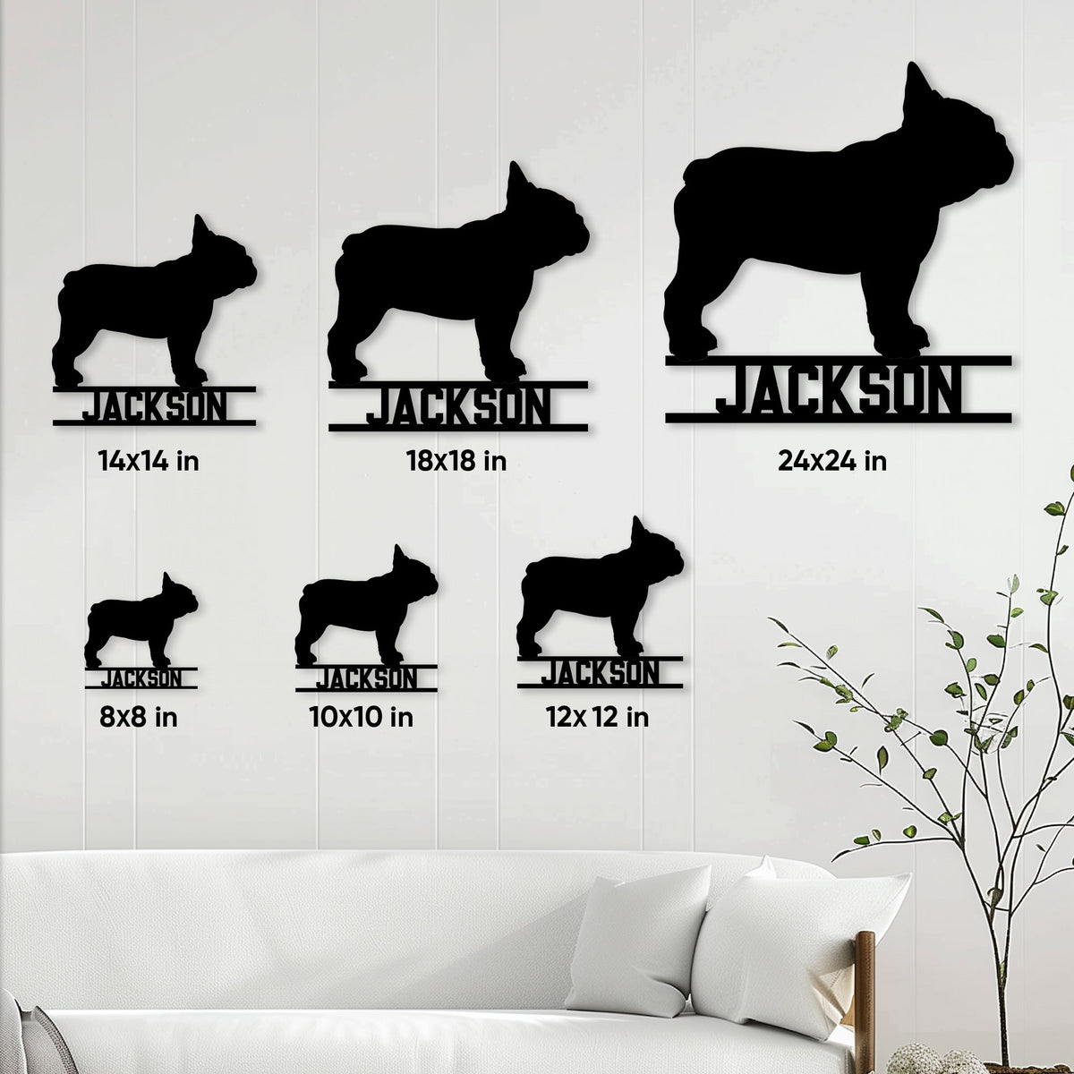 French Bulldog metal sign size guide showing multiple available size options on a wall