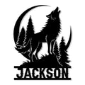 Black wolf silhouette metal sign with pine trees and crescent moon woodland artwork