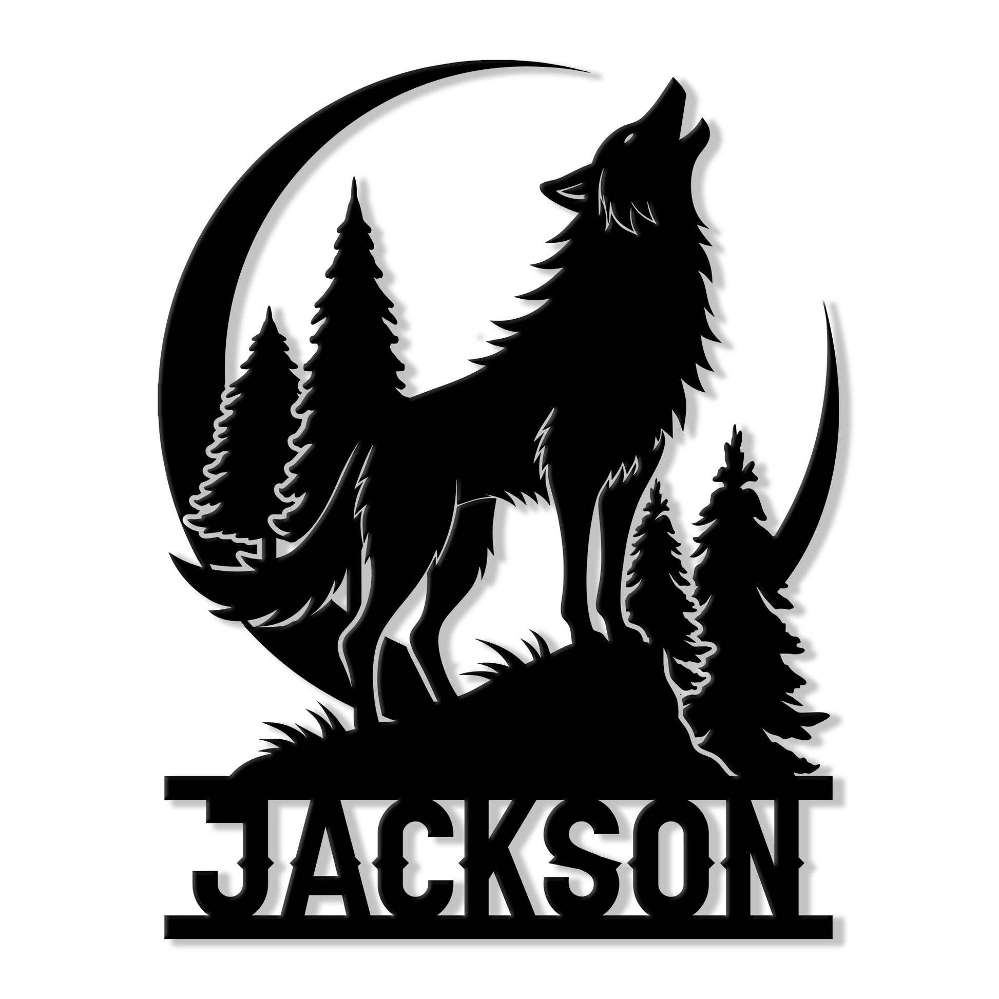 Black wolf silhouette metal sign with pine trees and crescent moon woodland artwork