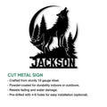 Wolf and evergreen forest cut metal sign shown with product feature information