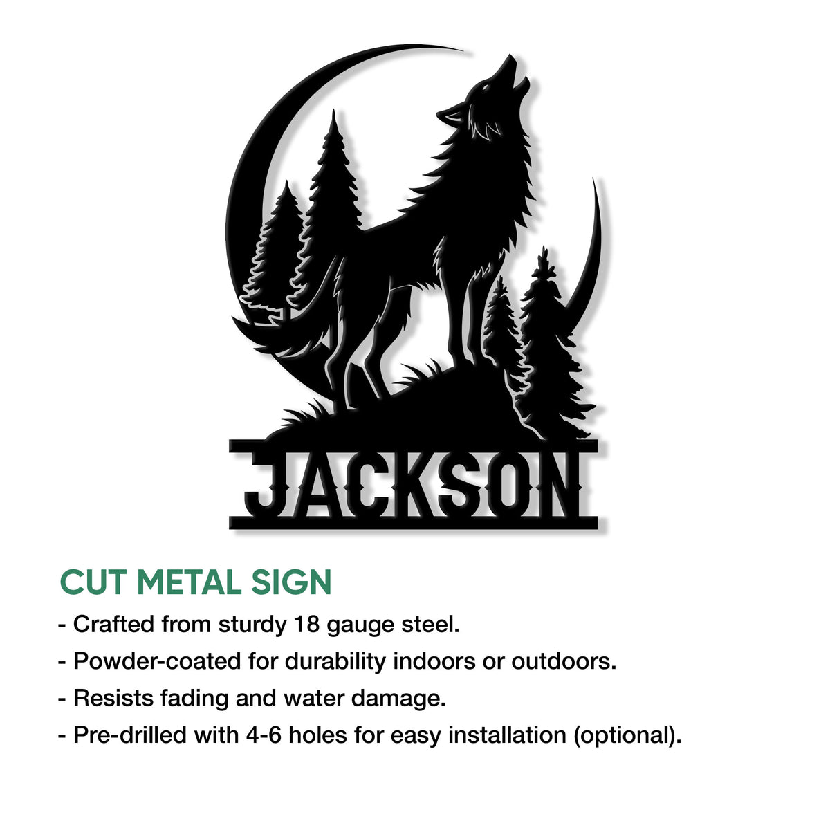 Wolf and evergreen forest cut metal sign shown with product feature information