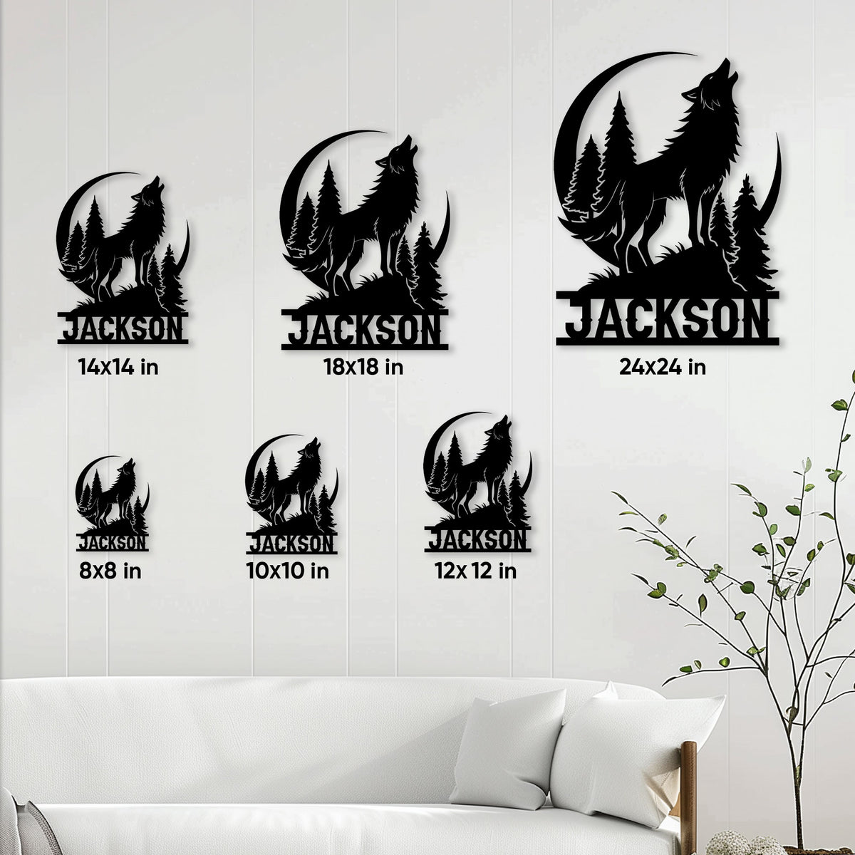 Wolf metal sign size guide showing six square size options from 8 by 8 to 24 by 24 inches
