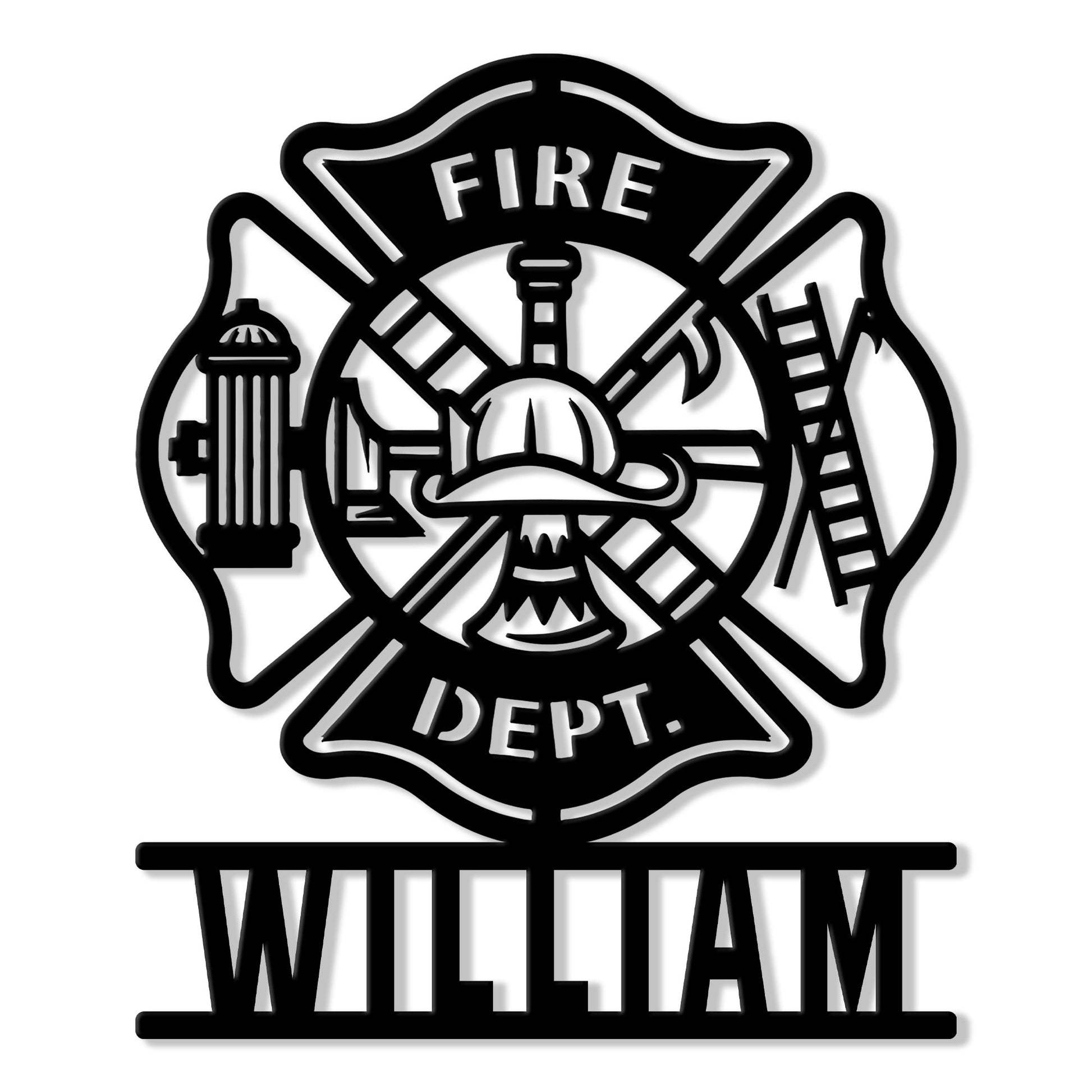 Firefighter metal sign featuring a Maltese cross, helmet, crossed axes, fire hydrant, hose and ladder