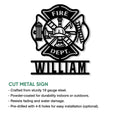 Firefighter cut metal sign featuring a Maltese cross emblem with helmet, axes, hydrant and ladder