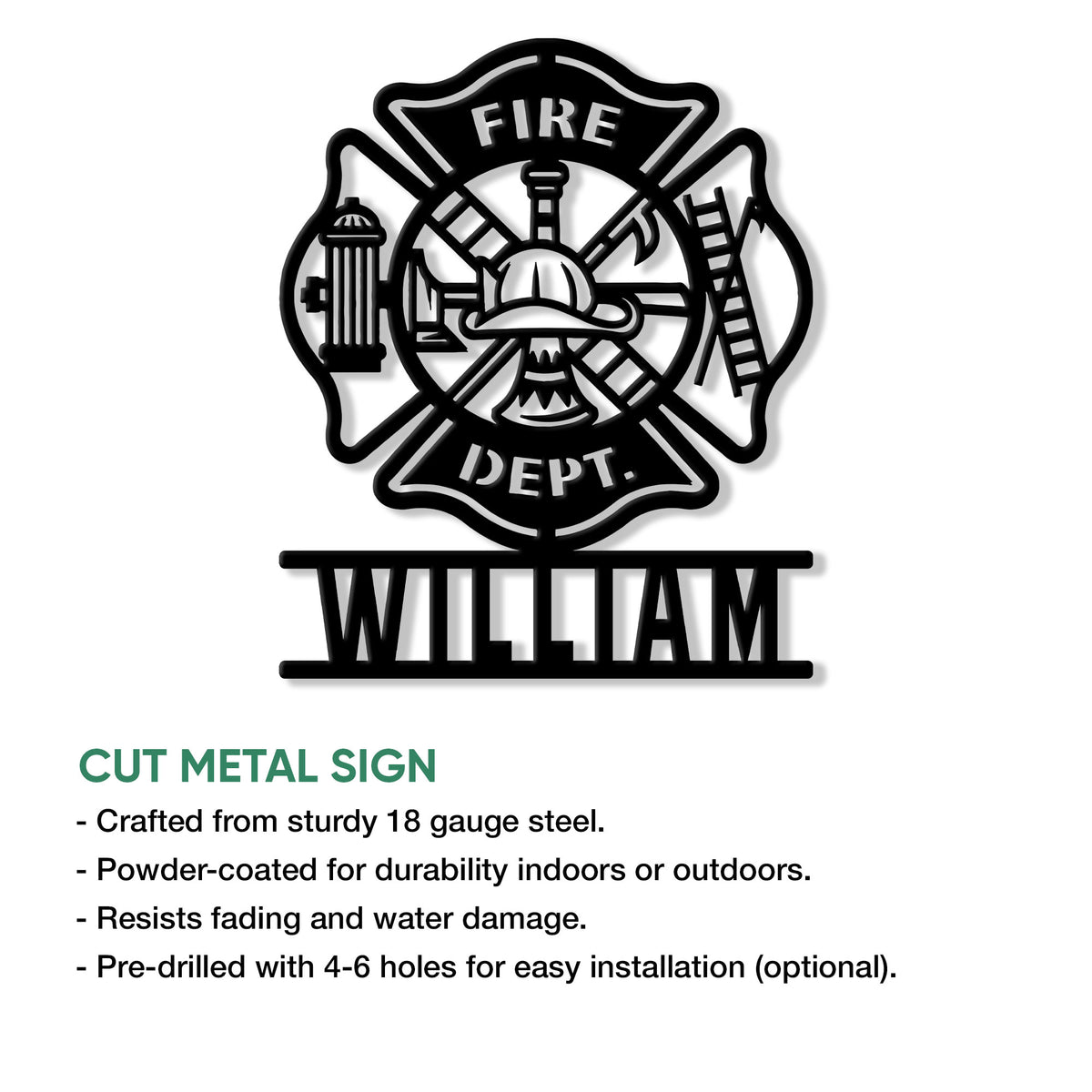 Firefighter cut metal sign featuring a Maltese cross emblem with helmet, axes, hydrant and ladder