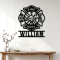 Firefighter wall sign displayed above a console table in a bright wood-paneled home interior