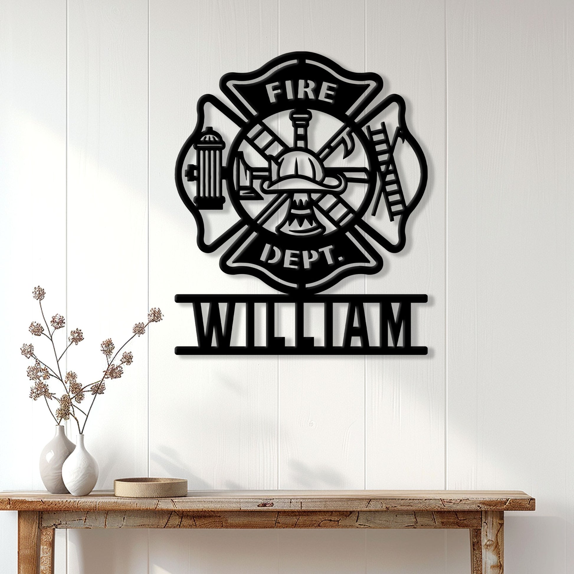 Firefighter wall sign displayed above a console table in a bright wood-paneled home interior