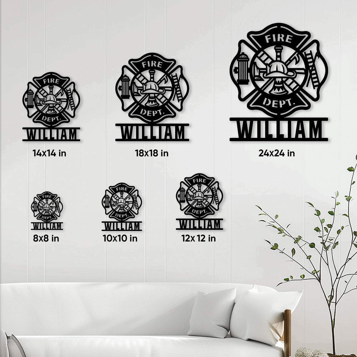 Firefighter metal sign size guide showing available square sizes from 8 by 8 to 24 by 24 inches