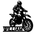 Black silhouette metal sign featuring a helmeted motocross rider on a dirt bike