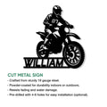 Motocross dirt bike rider metal sign shown in a product feature and installation guide