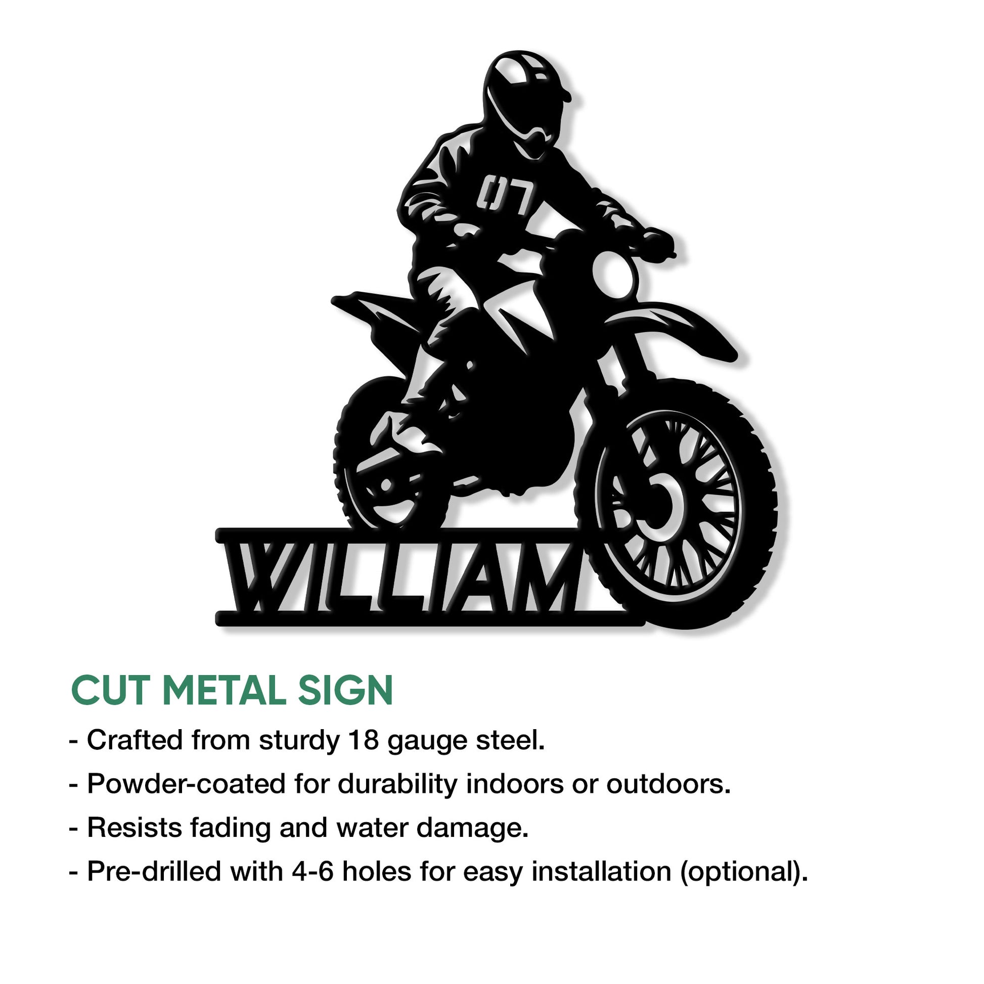 Motocross dirt bike rider metal sign shown in a product feature and installation guide