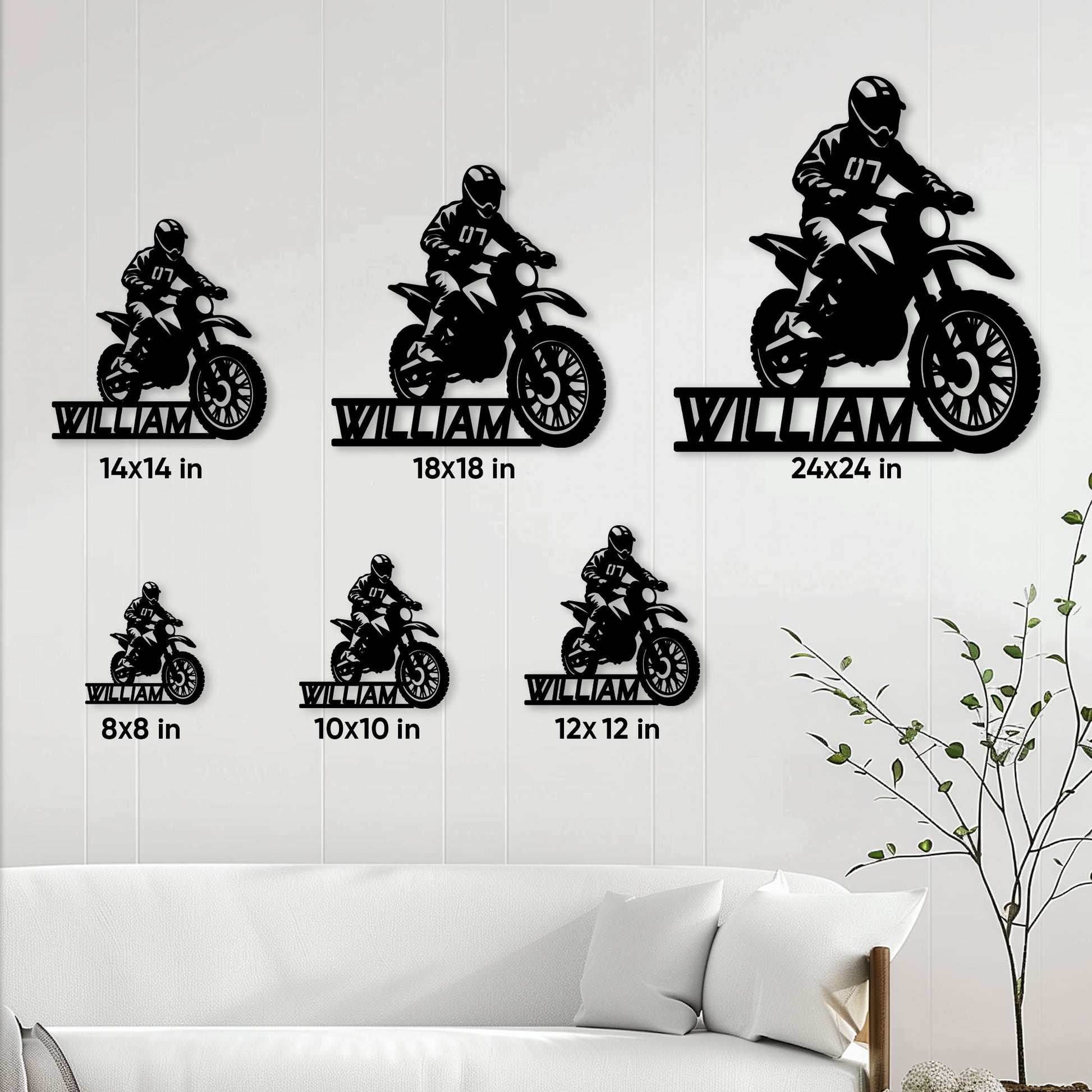 Motocross dirt bike metal sign shown in multiple size options above a modern sofa