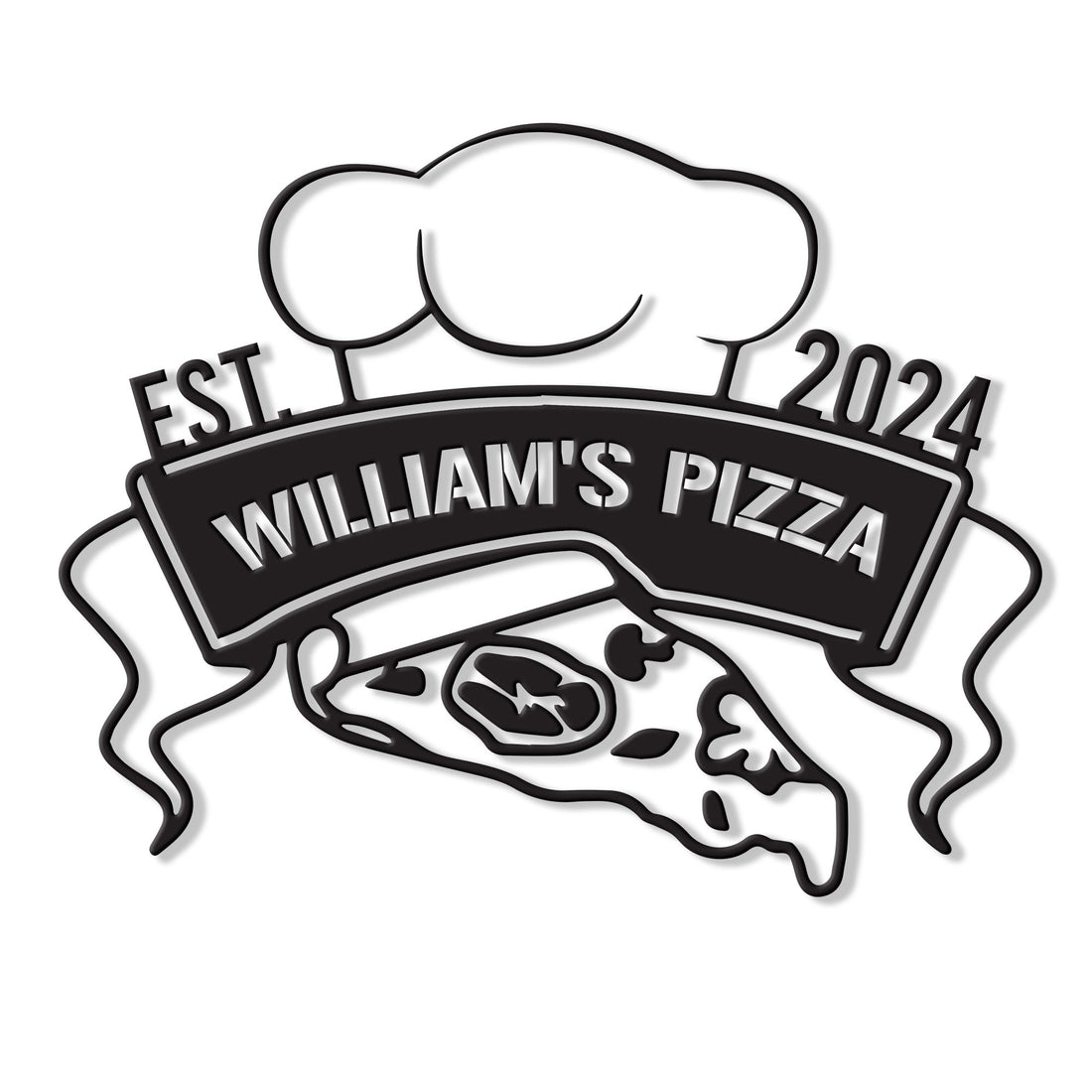 Custom pizza metal sign featuring a chef hat, pizza slice, ribbon banner, and bold pizzeria-inspired design