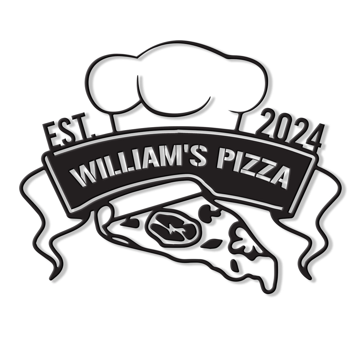 Custom pizza metal sign featuring a chef hat, pizza slice, ribbon banner, and bold pizzeria-inspired design