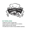 Cut metal pizza sign with a chef hat, pizza slice, and decorative ribbon banner shown in a product feature graphic