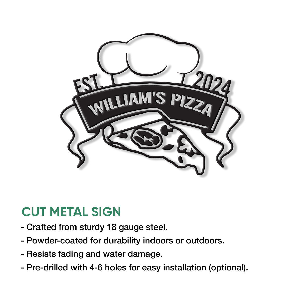Cut metal pizza sign with a chef hat, pizza slice, and decorative ribbon banner shown in a product feature graphic