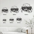 Pizza metal sign size guide showing several square size options in a living room setting