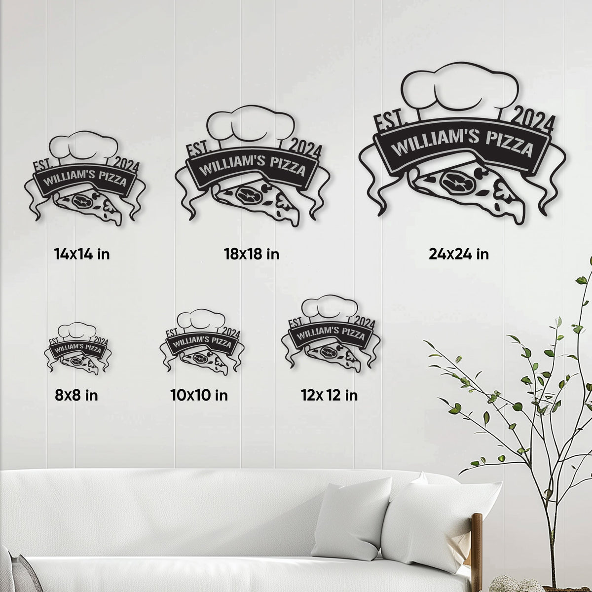 Pizza metal sign size guide showing several square size options in a living room setting