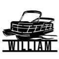 Black metal sign featuring a pontoon boat silhouette above a bold custom design