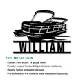 Pontoon boat cut metal sign shown with product feature information and display details