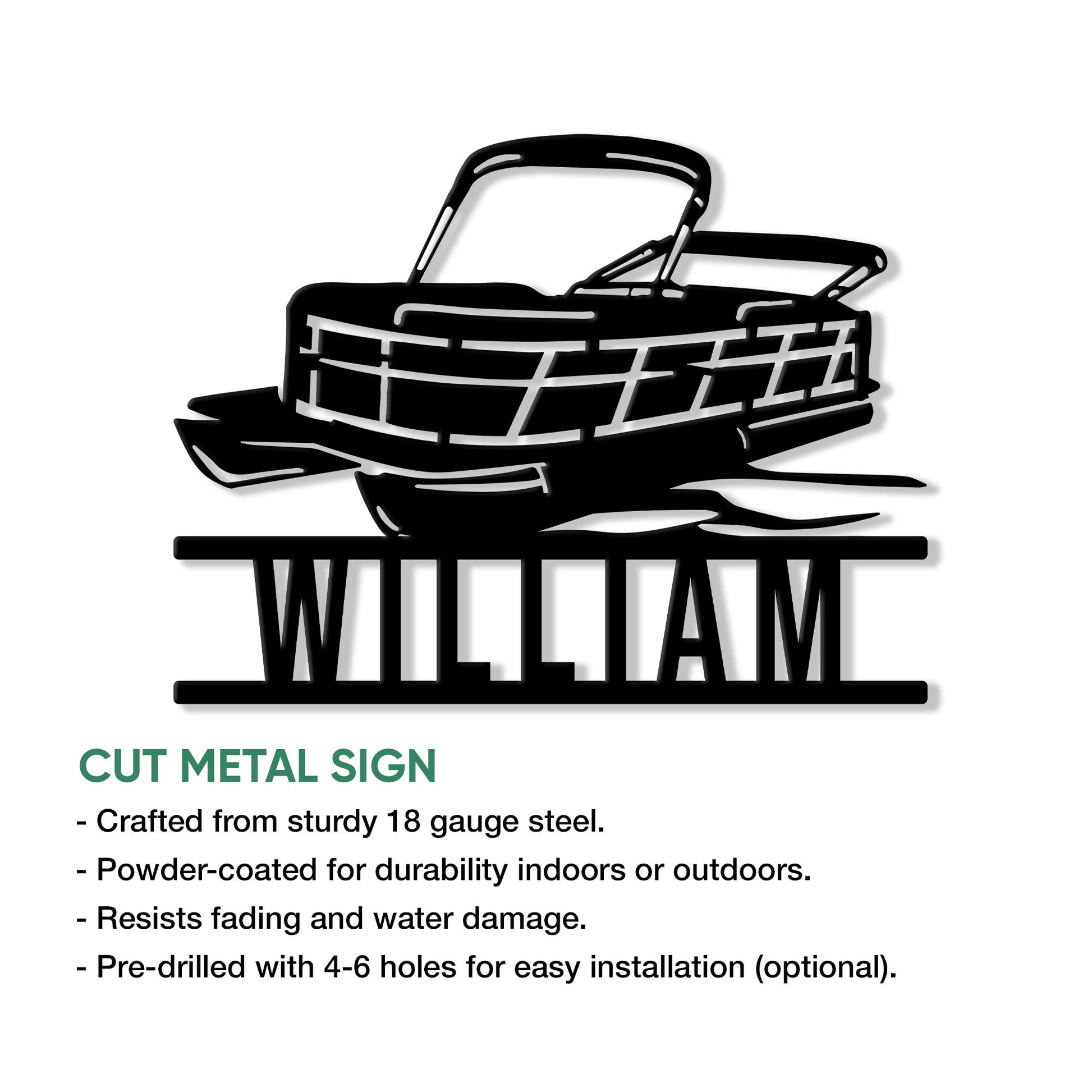 Pontoon boat cut metal sign shown with product feature information and display details
