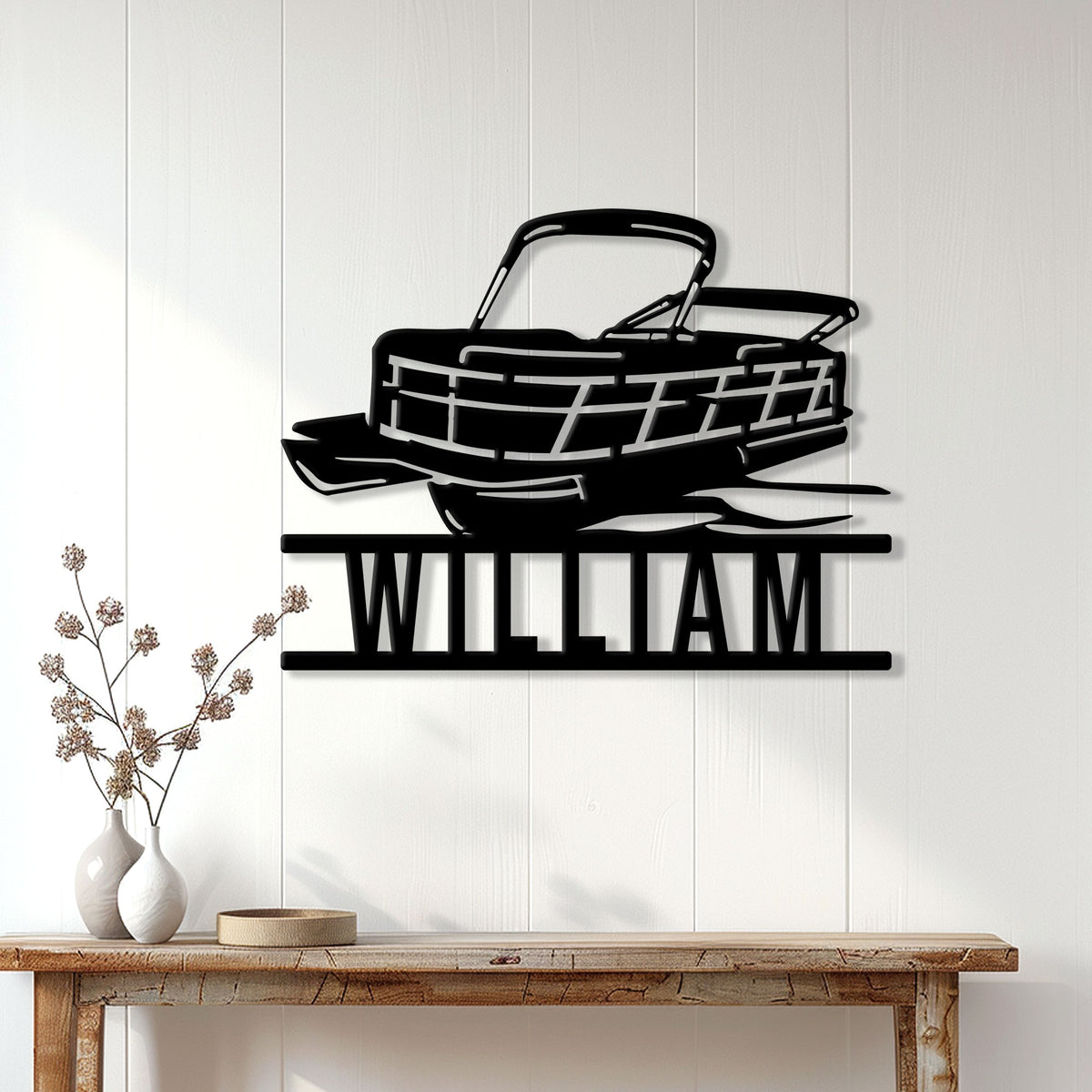 Pontoon boat metal wall sign styled in a bright lake house entryway