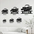 Pontoon boat metal sign shown in multiple size options on a living room wall