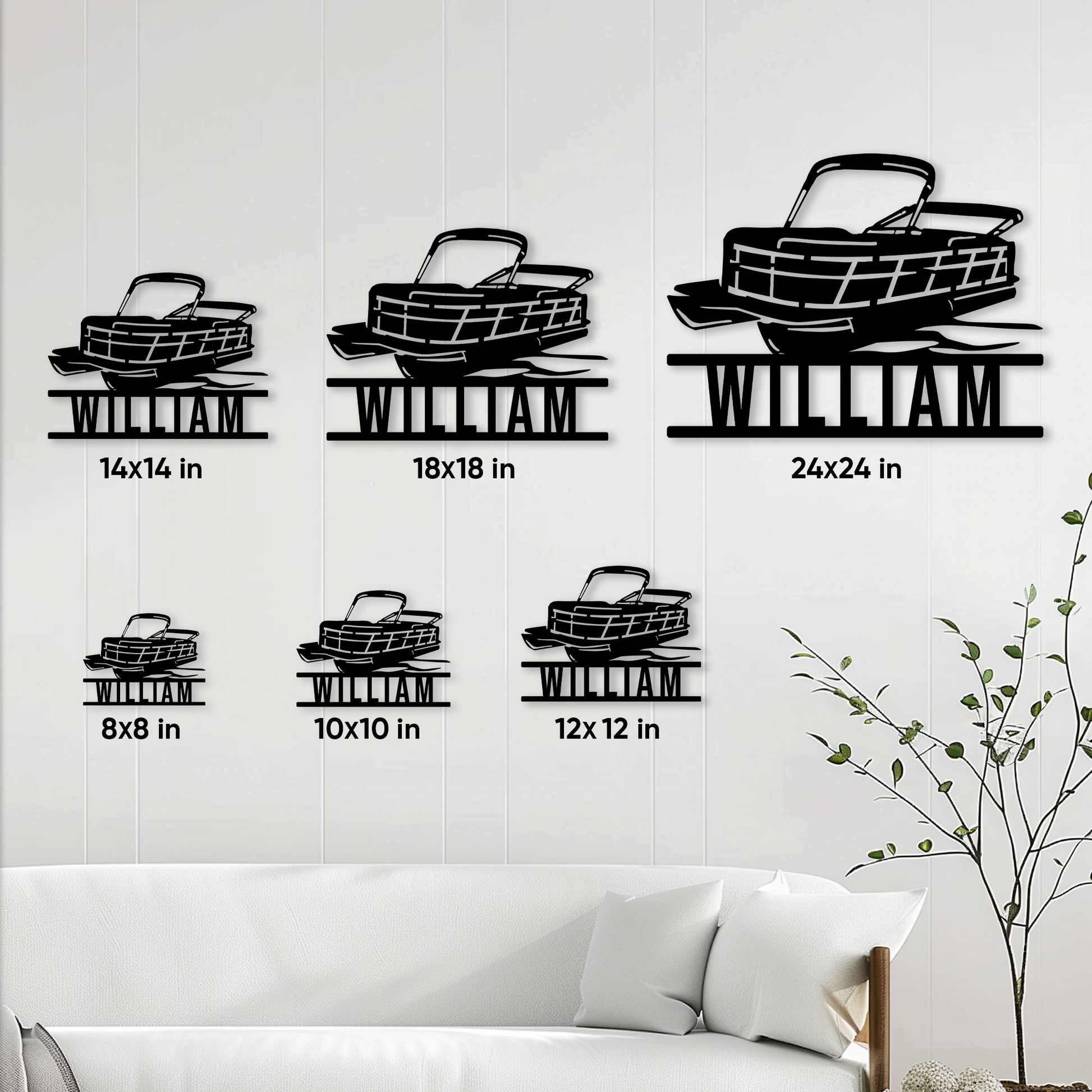 Pontoon boat metal sign shown in multiple size options on a living room wall