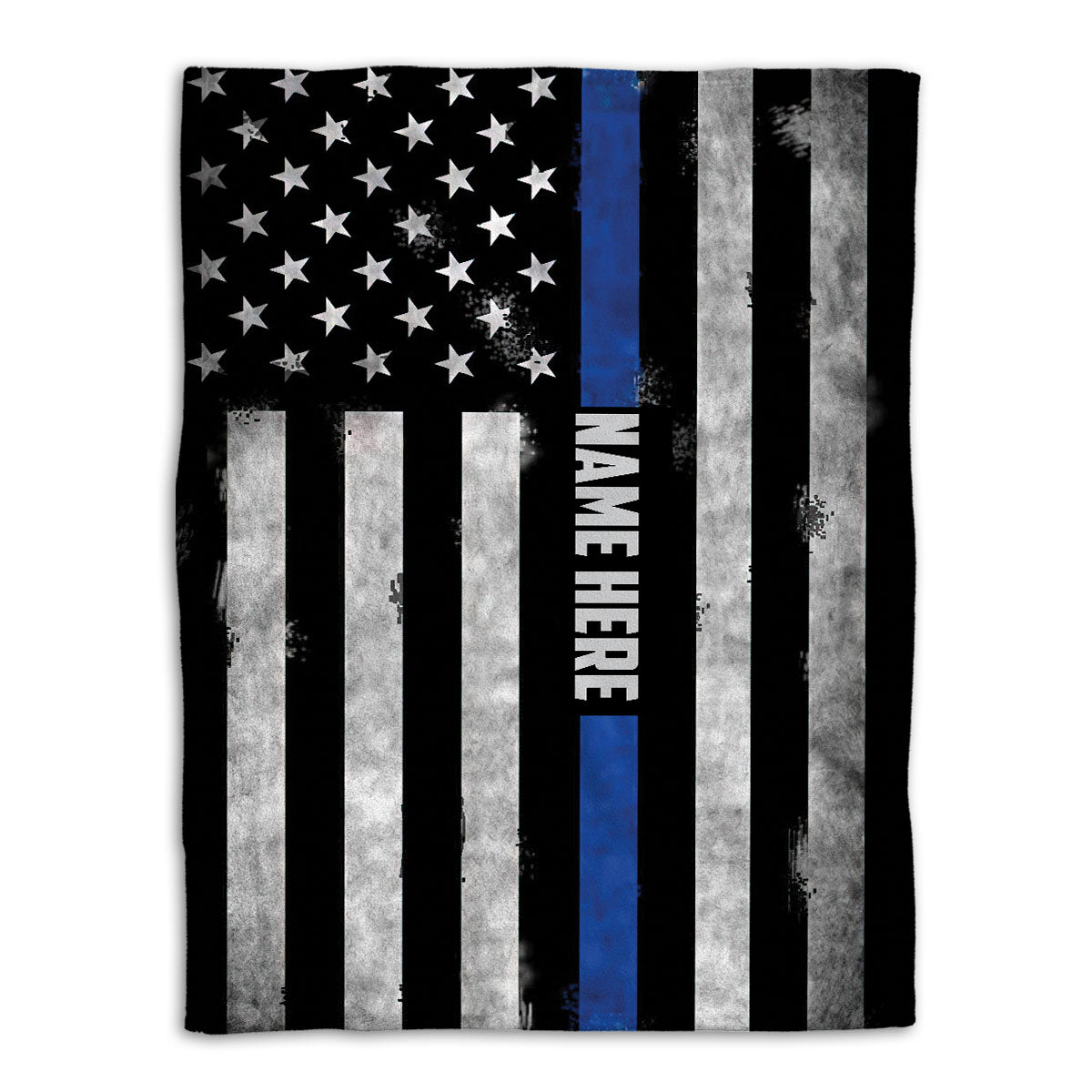 Police throw blanket with distressed black and gray flag stripes, stars, and a blue line design