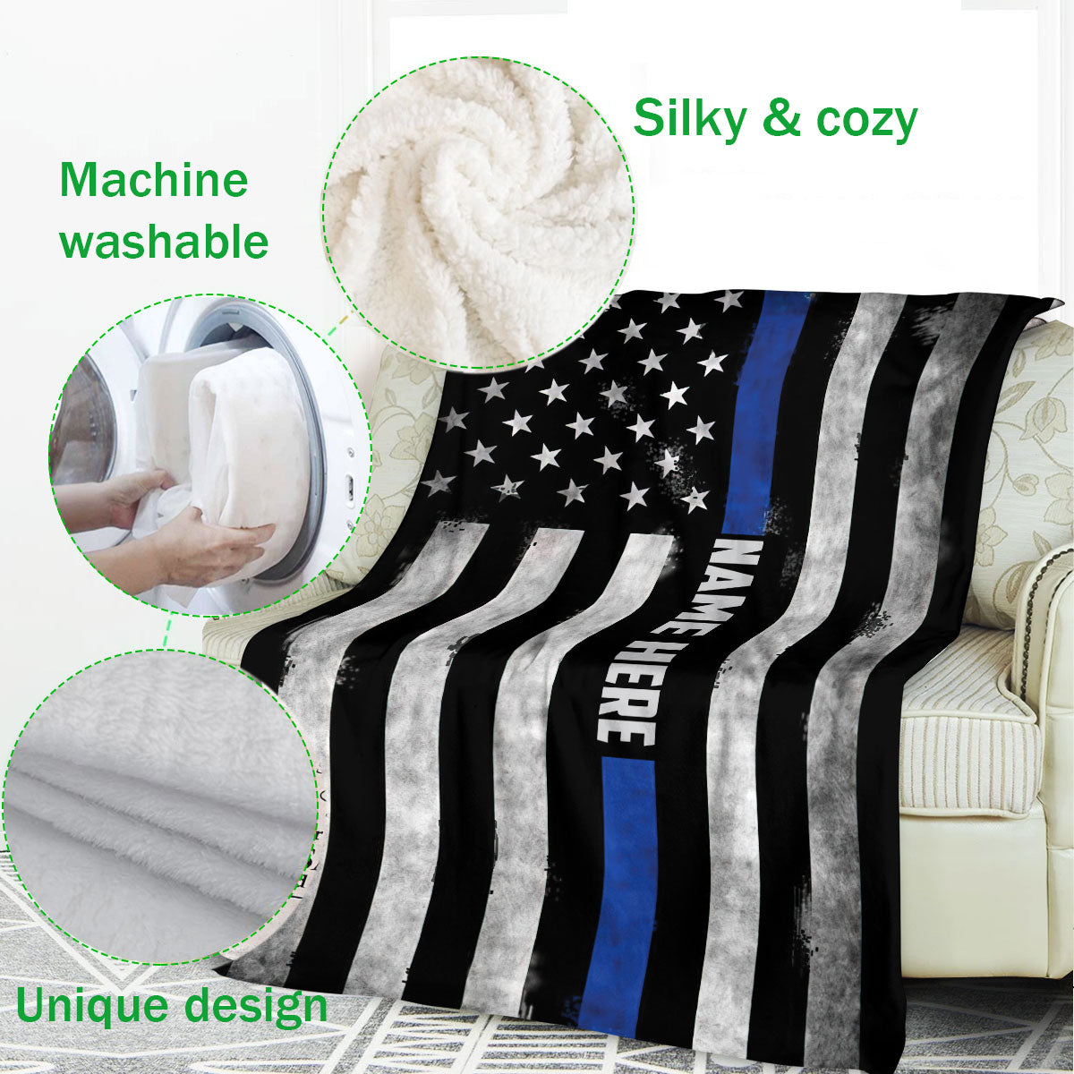 Police-themed throw blanket displayed on a sofa with thin blue line flag artwork and cozy texture