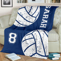 Custom volleyball blanket with navy blue and white distressed volleyball graphics, bold athletic lettering and jersey-style number design