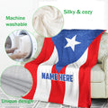 Puerto Rico flag blanket draped on a sofa with a close-up of its soft, cozy fabric
