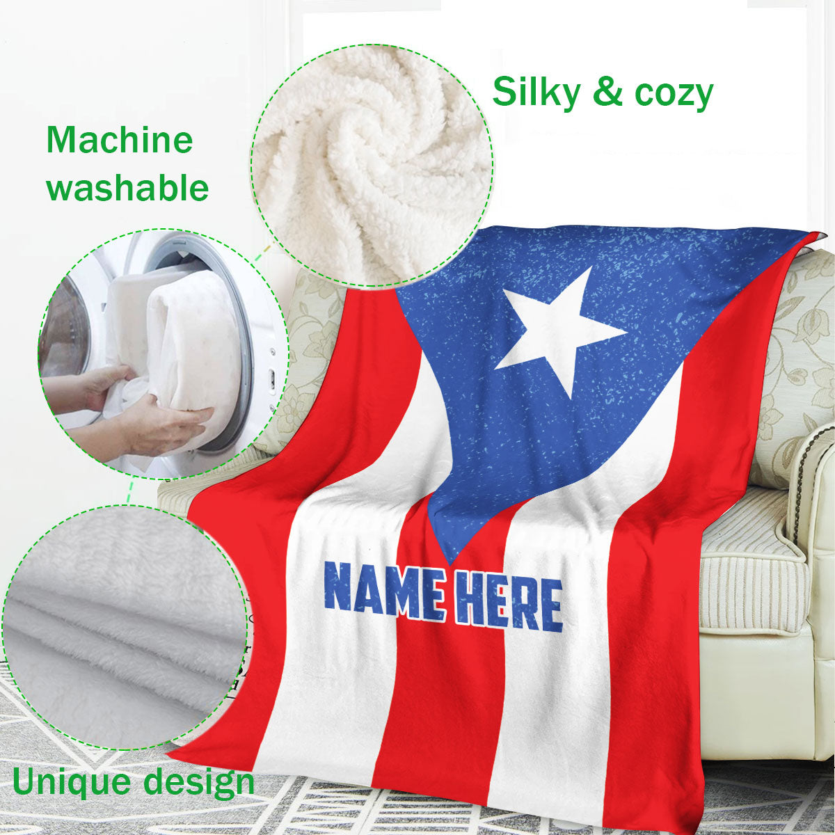 Puerto Rico flag blanket draped on a sofa with a close-up of its soft, cozy fabric