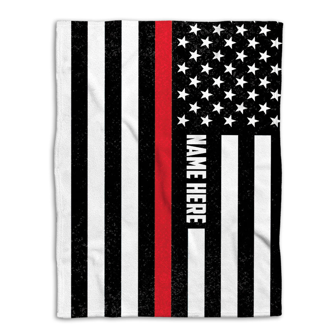 Firefighter throw blanket with black and white flag stripes, red line, and white star design