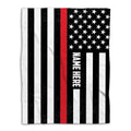 Firefighter throw blanket with black and white flag stripes, red line, and white star design