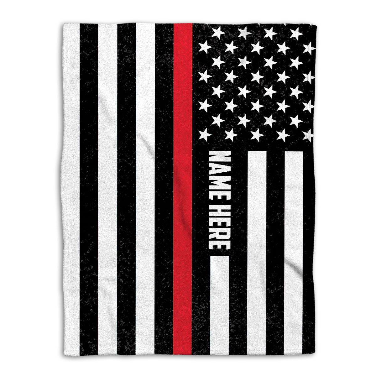 Firefighter throw blanket with black and white flag stripes, red line, and white star design