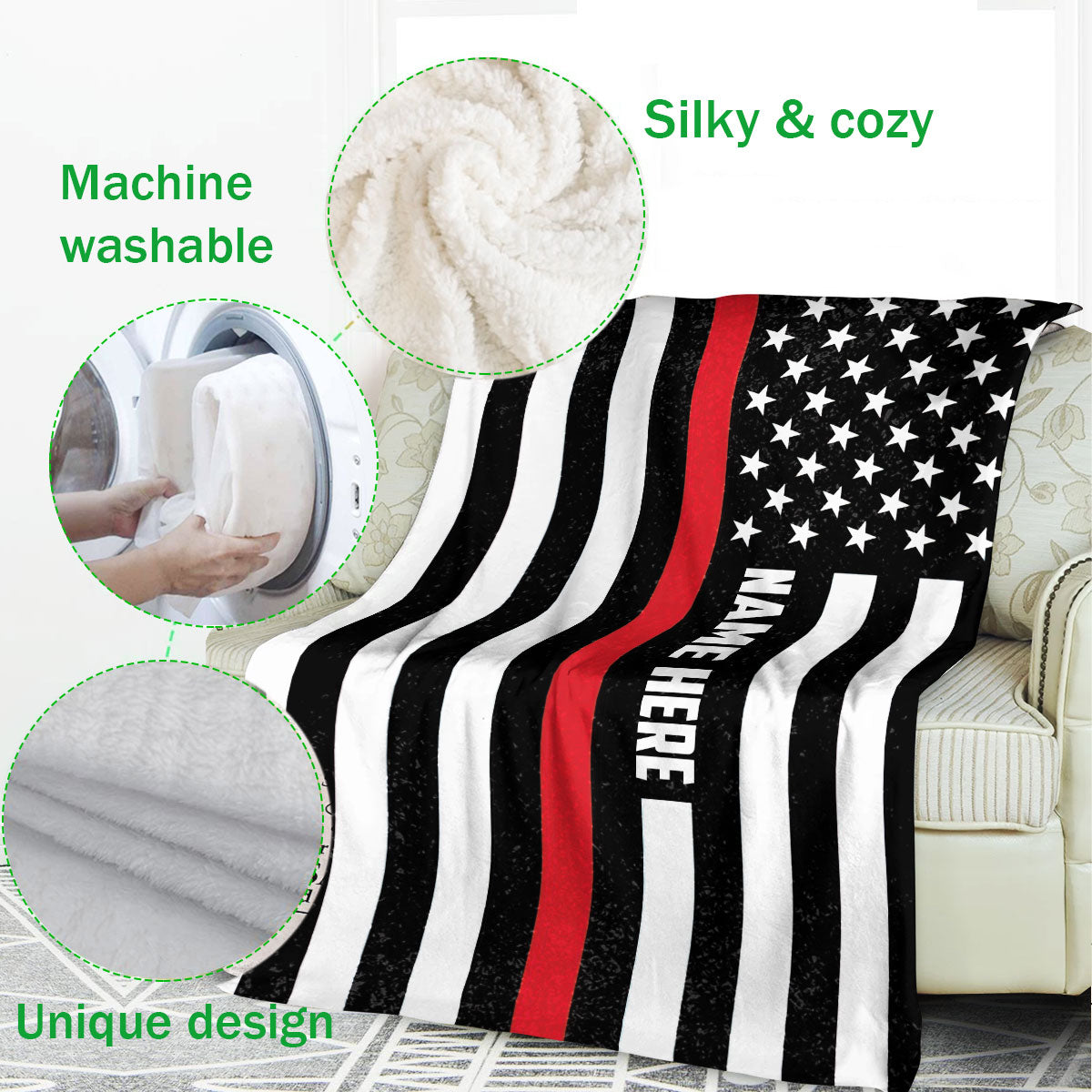 Firefighter blanket draped over a sofa with thin red line flag artwork and cozy texture details