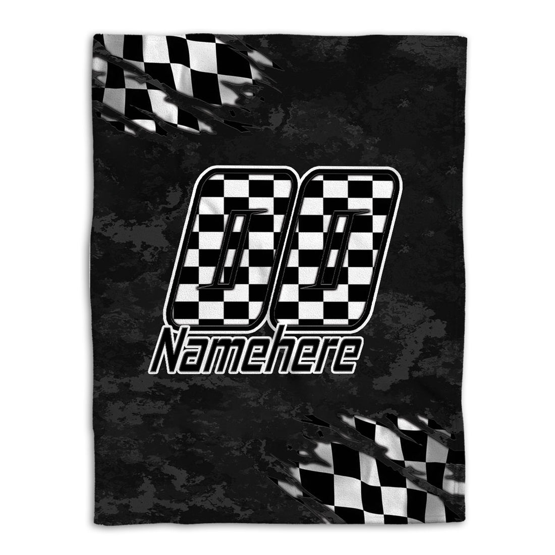 Black racing throw blanket with checkered flags, bold number artwork, and dark textured background
