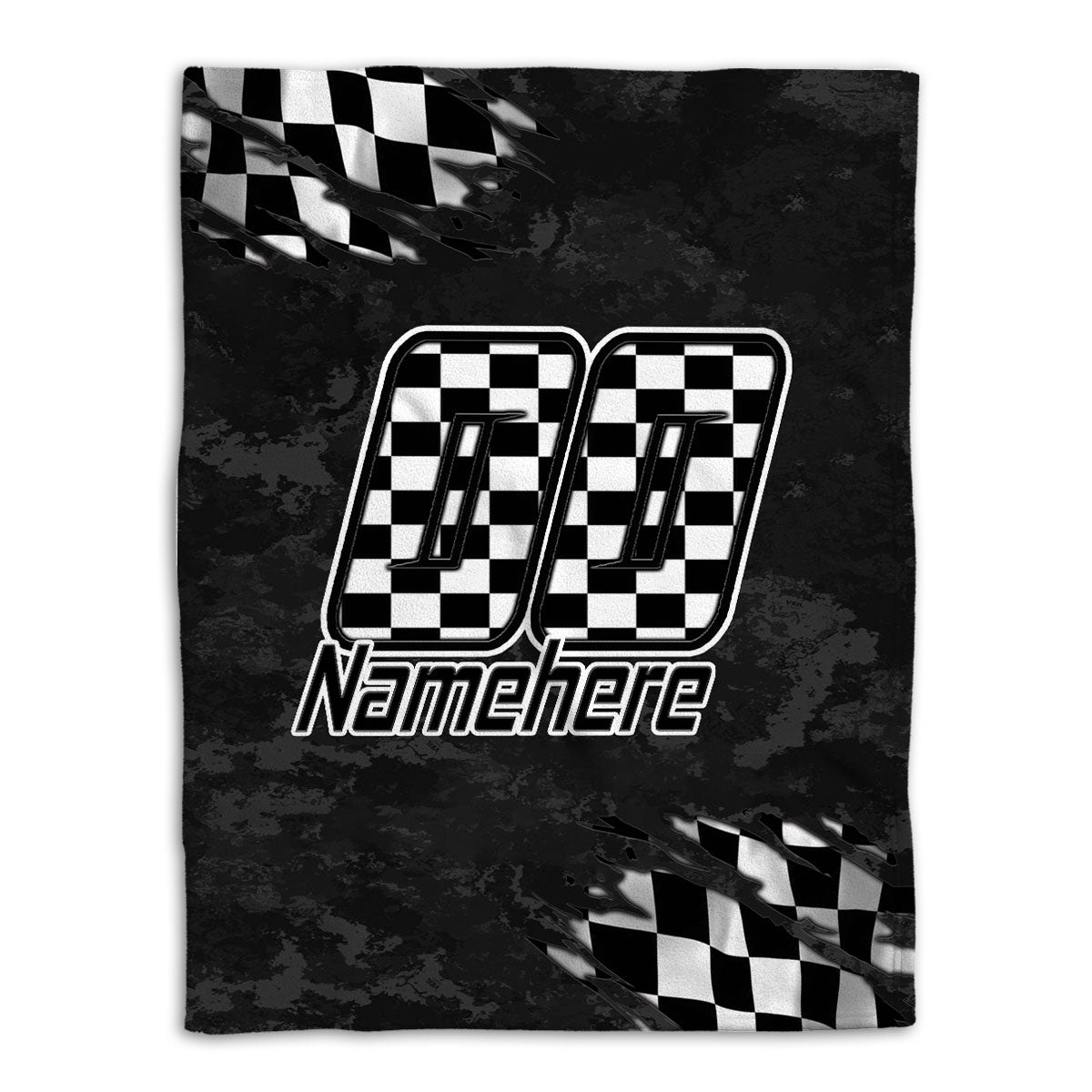 Black racing throw blanket with checkered flags, bold number artwork, and dark textured background