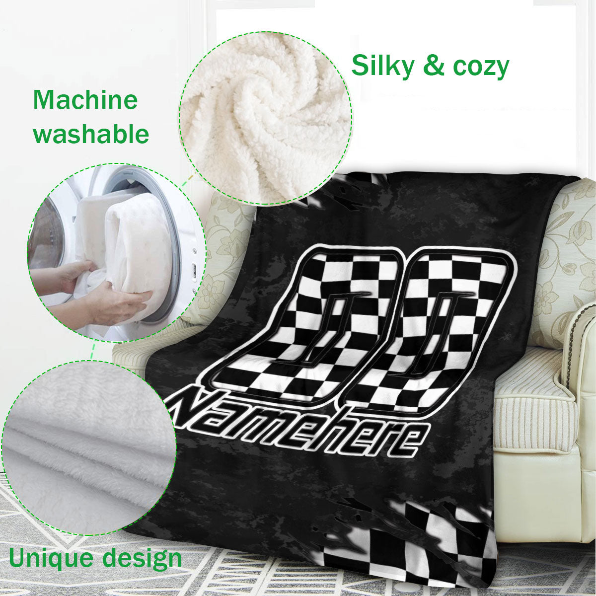 Racing blanket draped over a couch with checkered flag artwork and a close-up of its soft texture