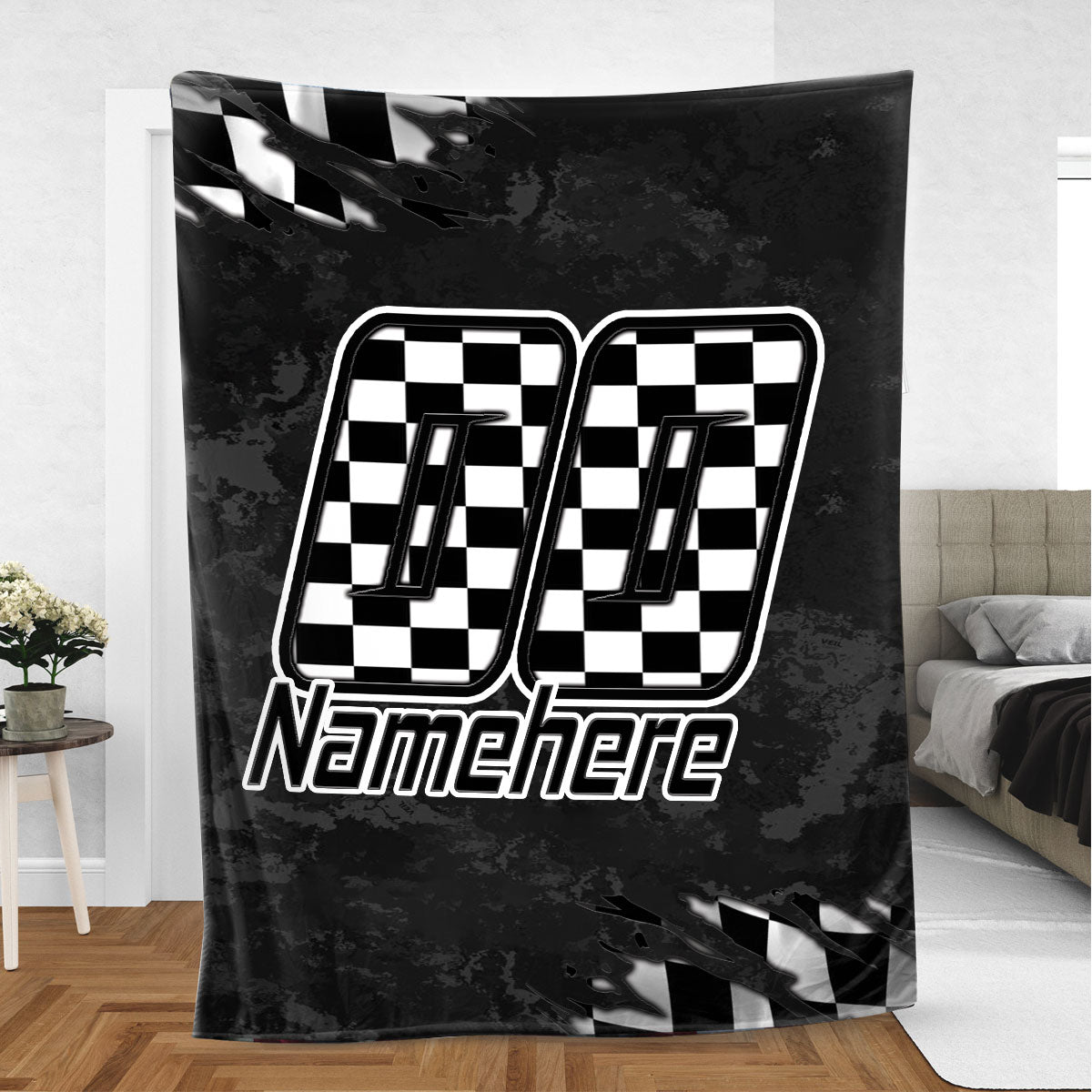Black and white checkered flag racing blanket displayed in a modern bedroom