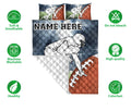 Football quilt bedding set displayed with player and football artwork alongside product feature icons
