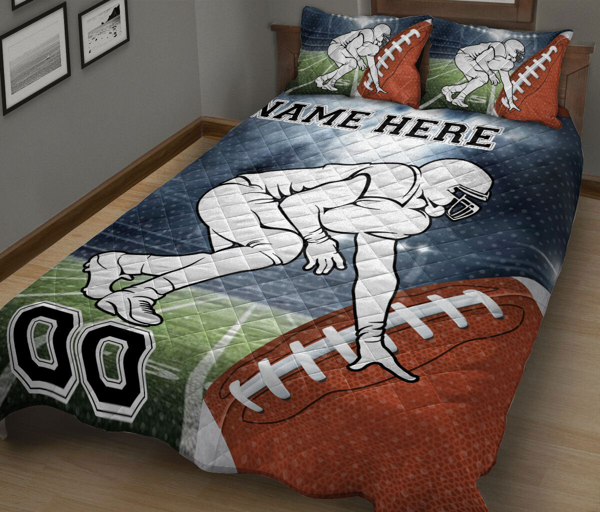 Football quilt blanket shown on a bed with a crouching player, field background, and large football design