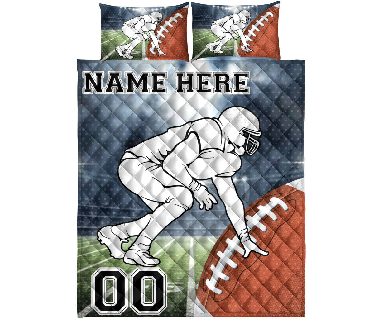 Football quilt bedding set displayed flat with American football player artwork, field graphics, and bold sports colors