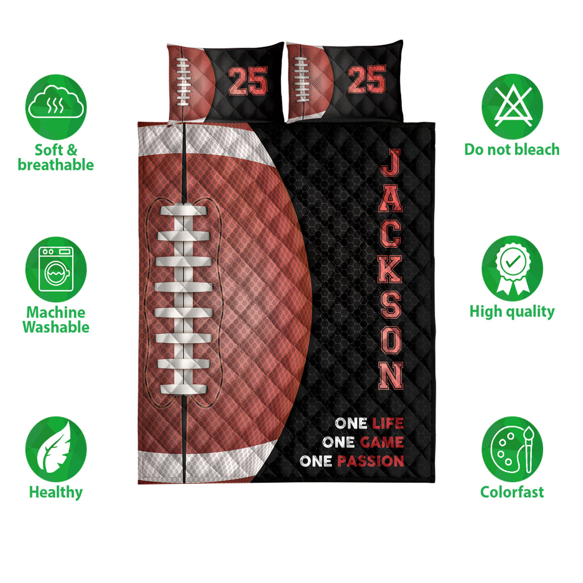 American football quilt bedding set shown with soft breathable and colorfast feature icons